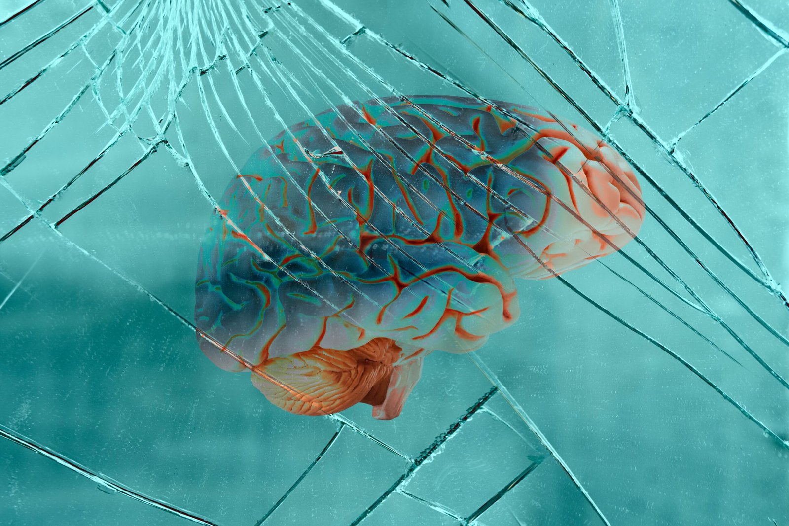 Human,Brain,On,Cracks,Texture,Broken,Mirror,,Glass,Background,,Traumatic